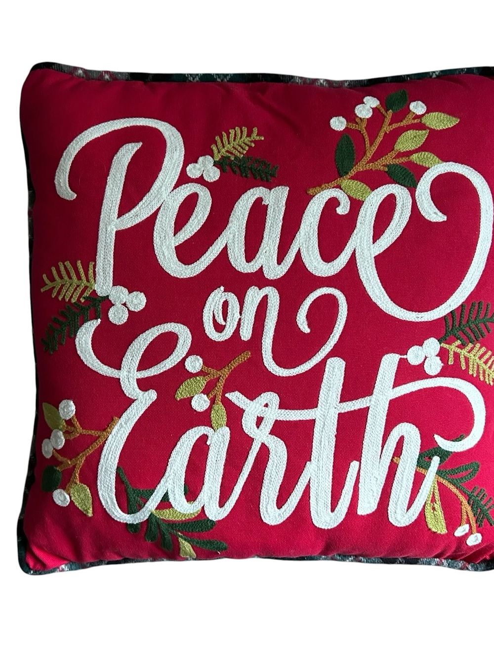 Vintage Embroidered Red Holiday Throw Pillow Peace on Earth